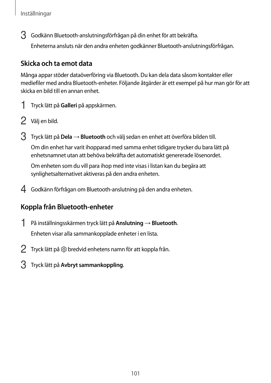 Samsung SM-J330FZSDNEE, SM-J330FZDDNEE, SM-J330FZKDNEE manual Skicka och ta emot data, Koppla från Bluetooth-enheter 