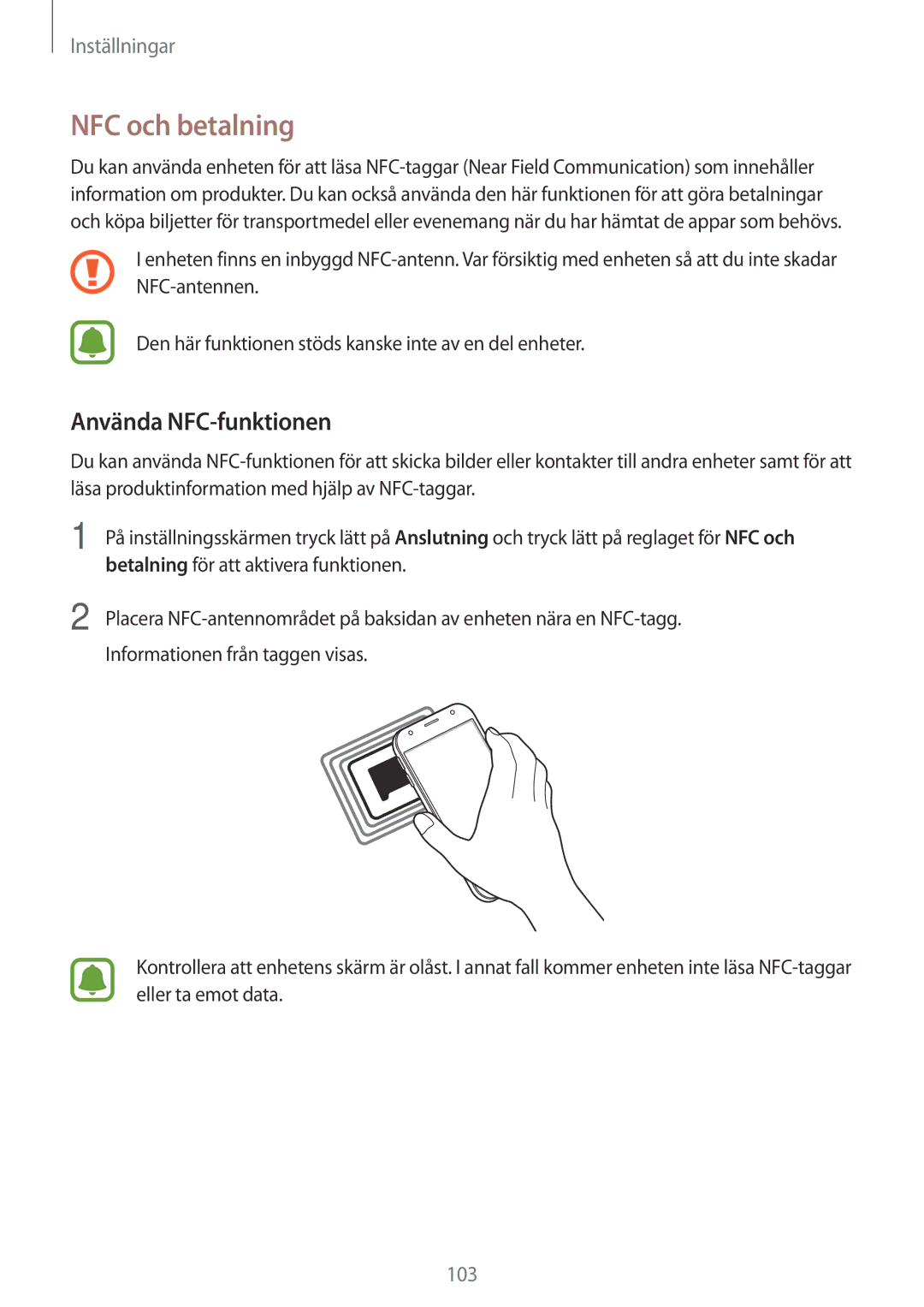 Samsung SM-J330FZKDNEE, SM-J330FZDDNEE, SM-J330FZSDNEE manual NFC och betalning, Använda NFC-funktionen 