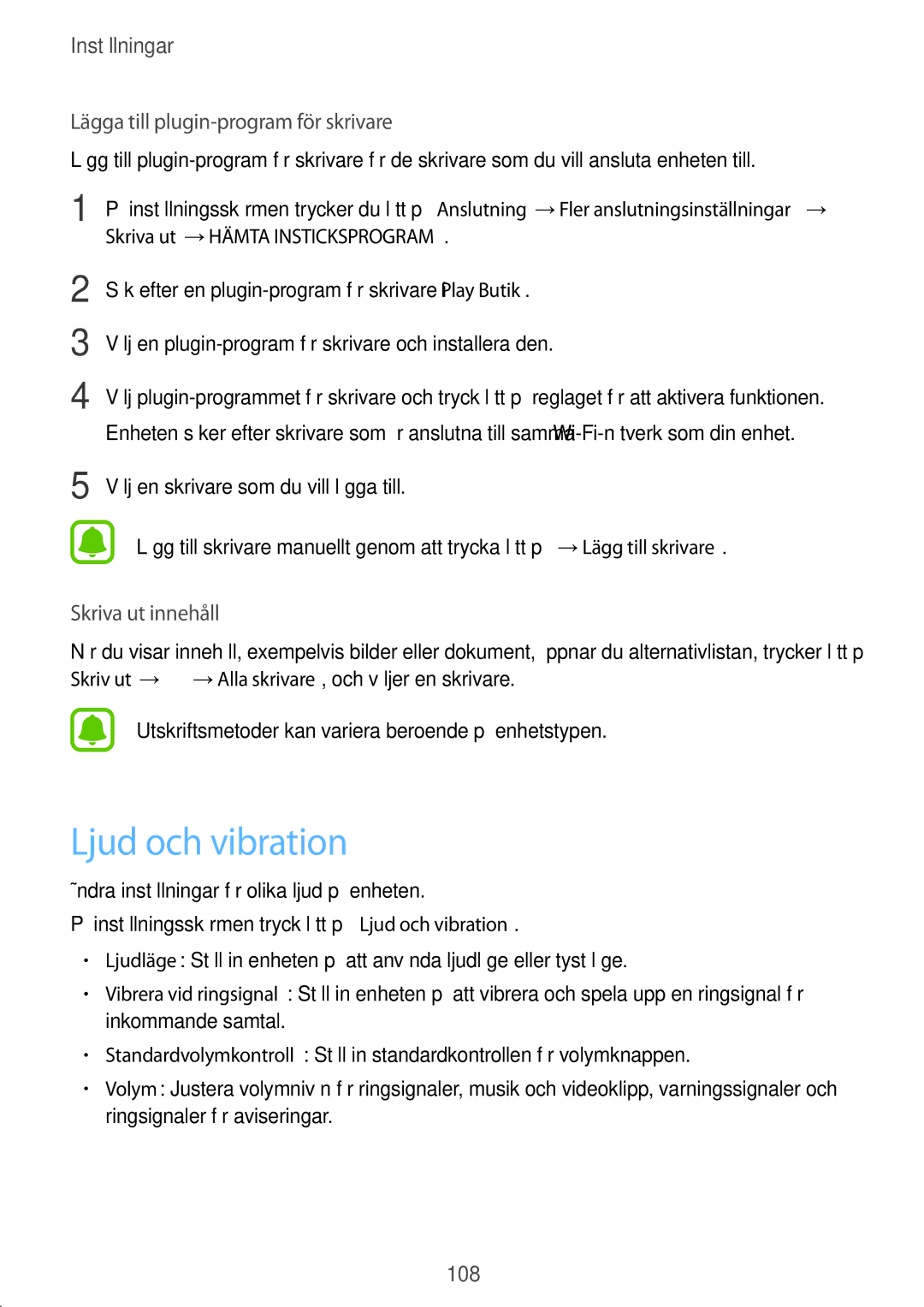 Samsung SM-J330FZDDNEE, SM-J330FZKDNEE, SM-J330FZSDNEE manual Ljud och vibration, Lägga till plugin-program för skrivare 