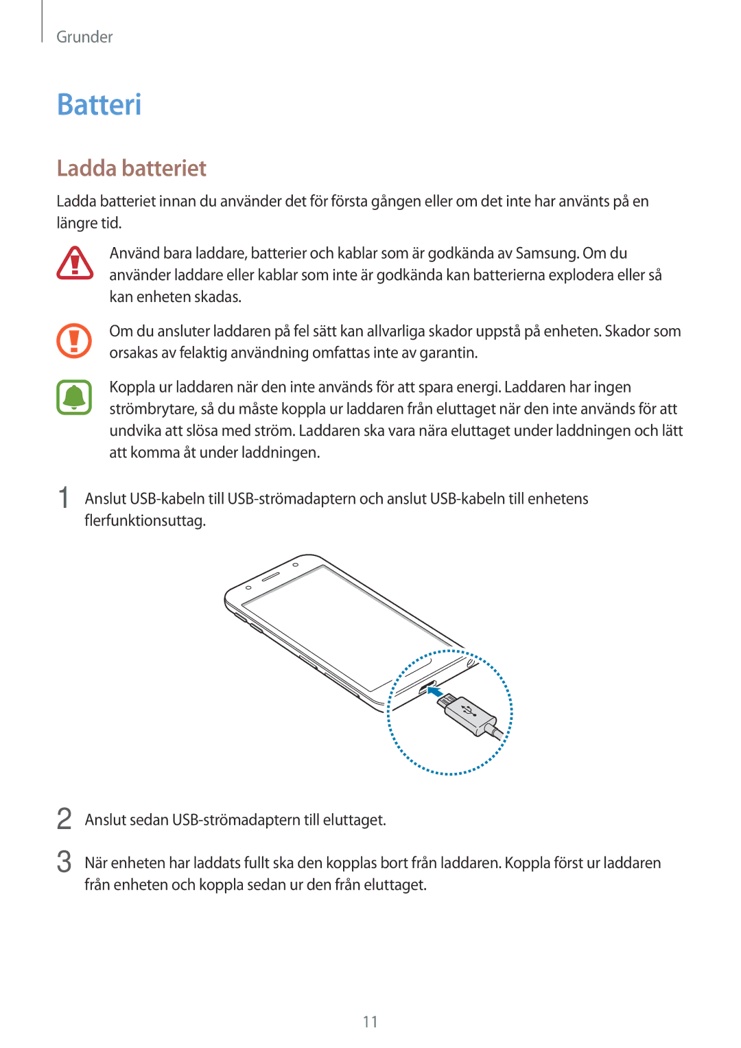 Samsung SM-J330FZSDNEE, SM-J330FZDDNEE, SM-J330FZKDNEE manual Batteri, Ladda batteriet 