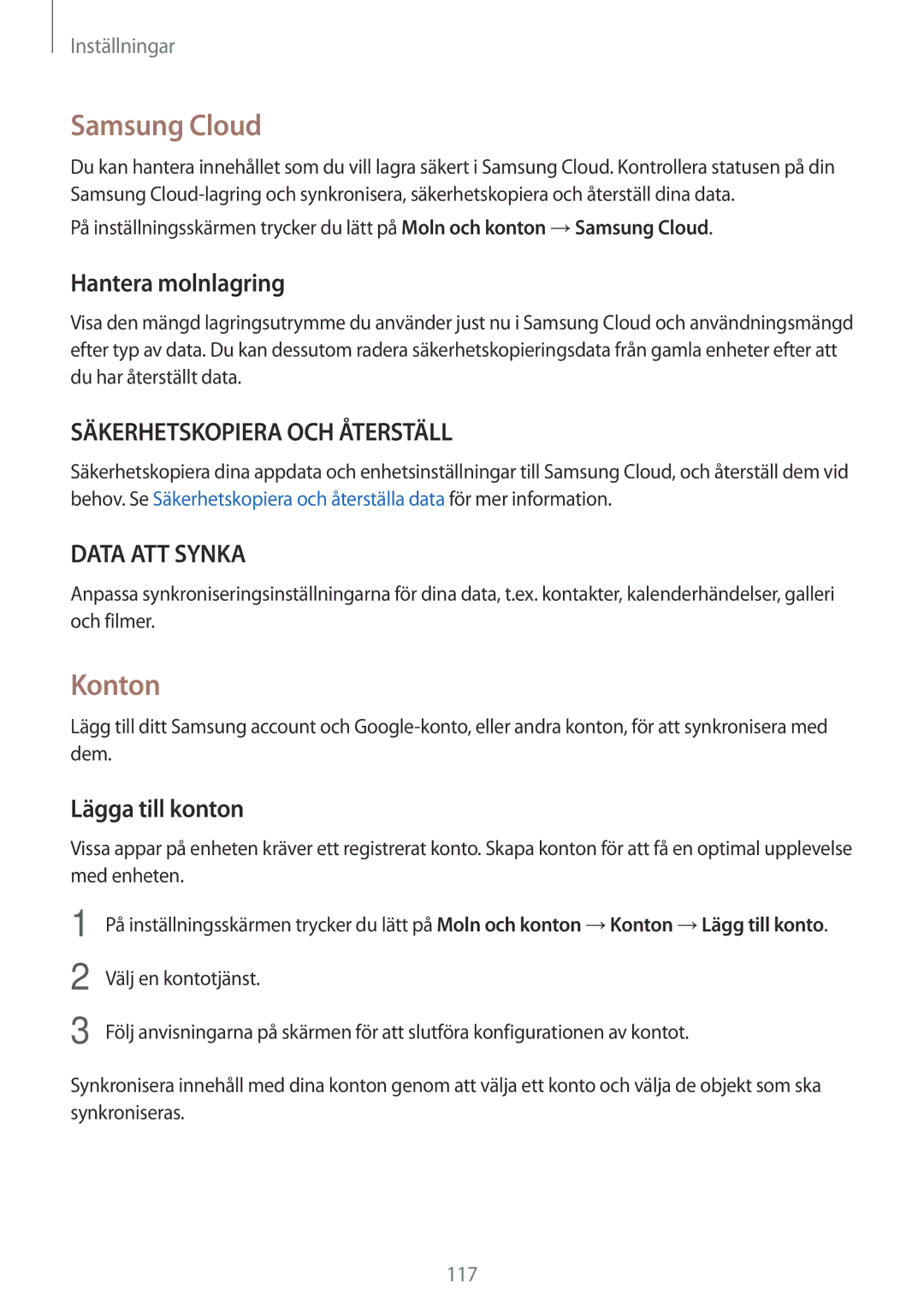 Samsung SM-J330FZDDNEE, SM-J330FZKDNEE, SM-J330FZSDNEE manual Samsung Cloud, Konton, Hantera molnlagring, Lägga till konton 