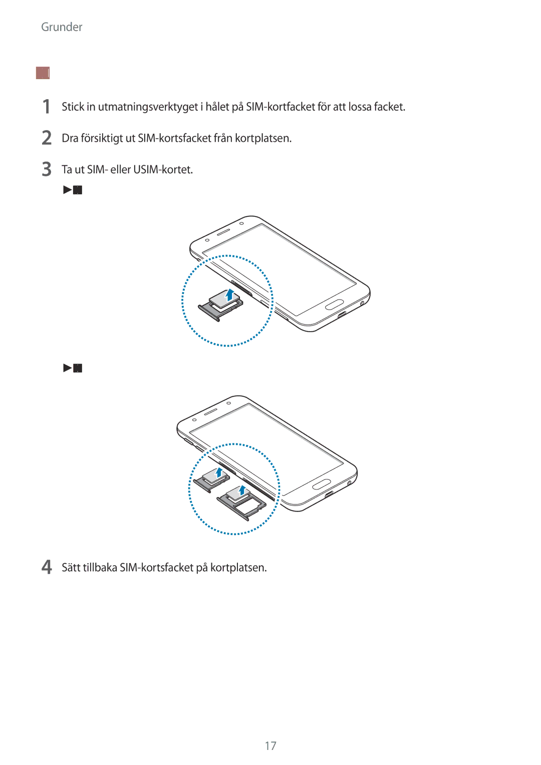 Samsung SM-J330FZSDNEE, SM-J330FZDDNEE, SM-J330FZKDNEE manual Ta ut SIM- eller USIM-kortet 