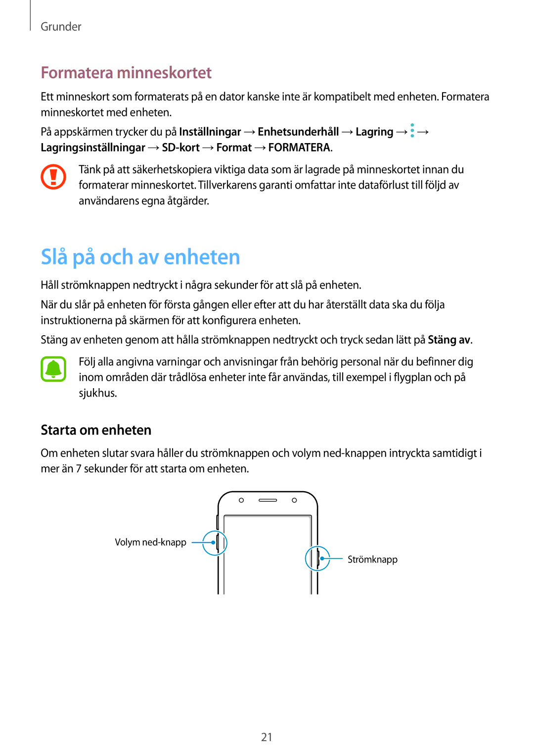 Samsung SM-J330FZDDNEE, SM-J330FZKDNEE, SM-J330FZSDNEE Slå på och av enheten, Formatera minneskortet, Starta om enheten 