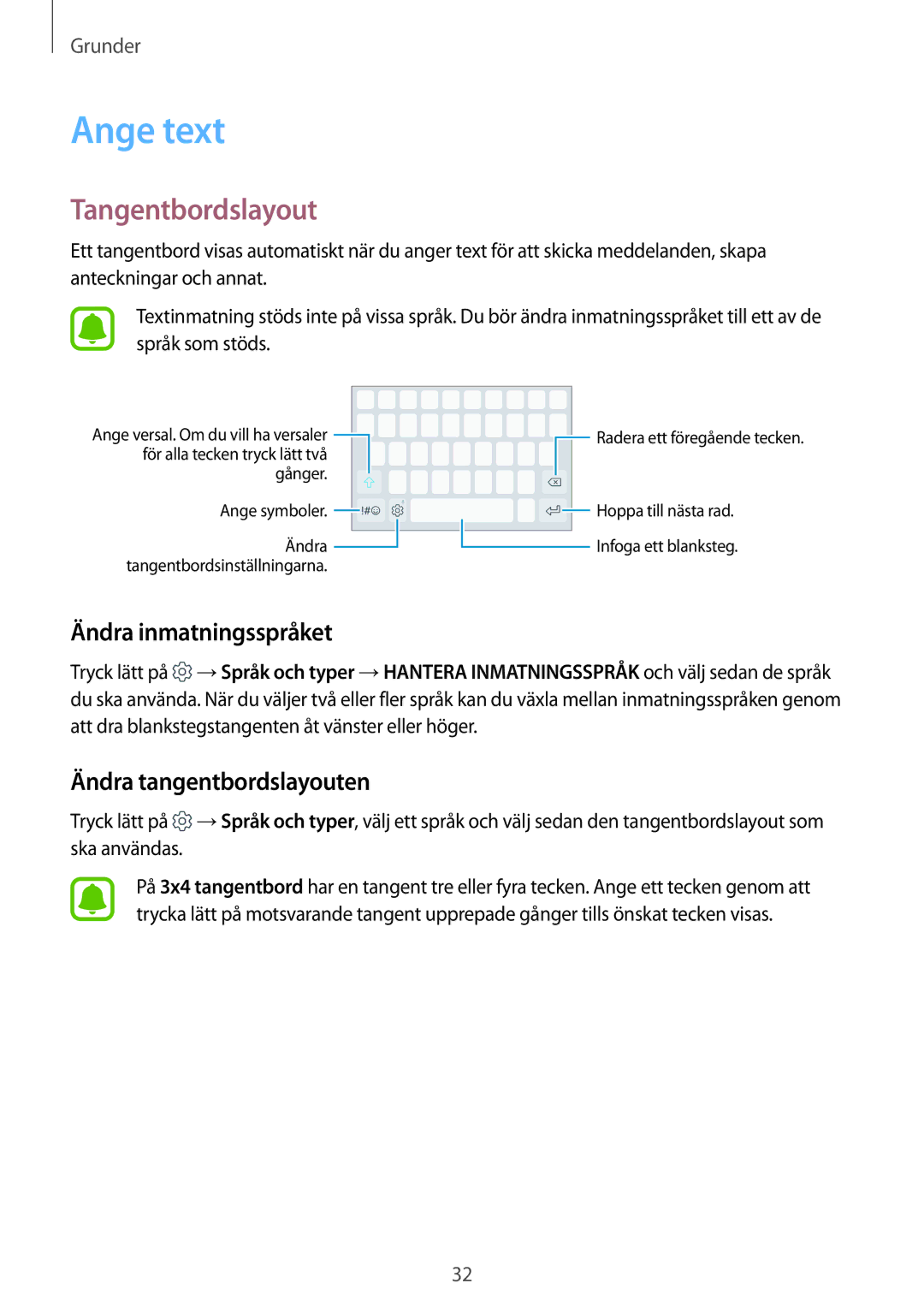 Samsung SM-J330FZSDNEE, SM-J330FZDDNEE Ange text, Tangentbordslayout, Ändra inmatningsspråket, Ändra tangentbordslayouten 