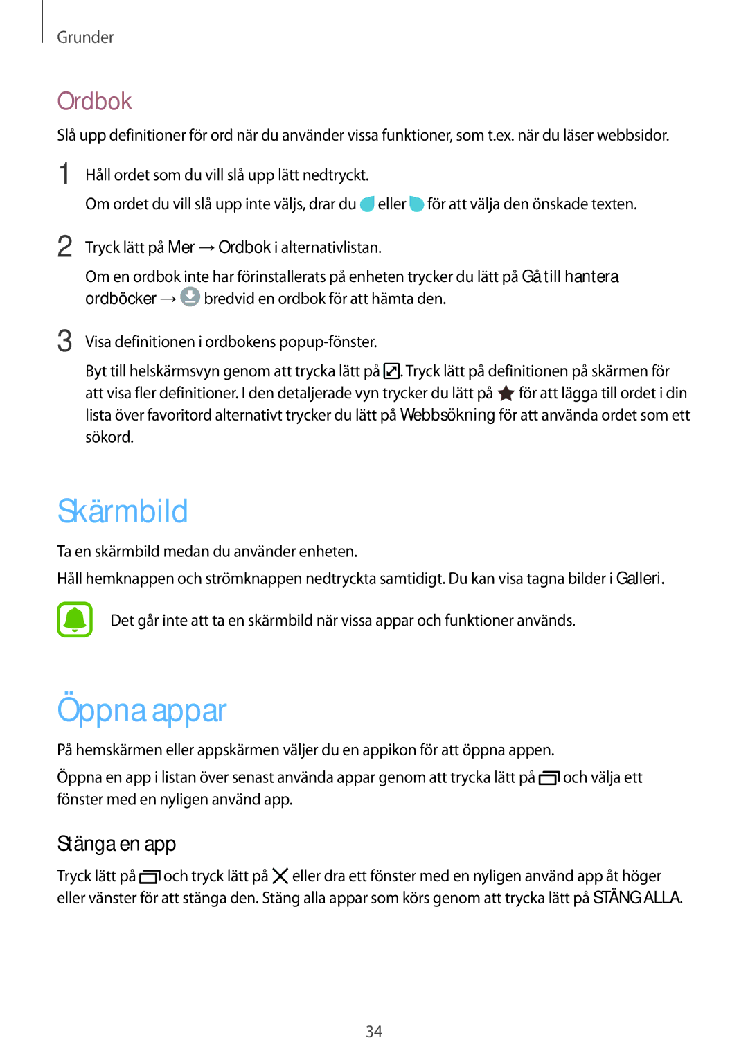 Samsung SM-J330FZKDNEE, SM-J330FZDDNEE, SM-J330FZSDNEE manual Skärmbild, Öppna appar, Ordbok, Stänga en app 