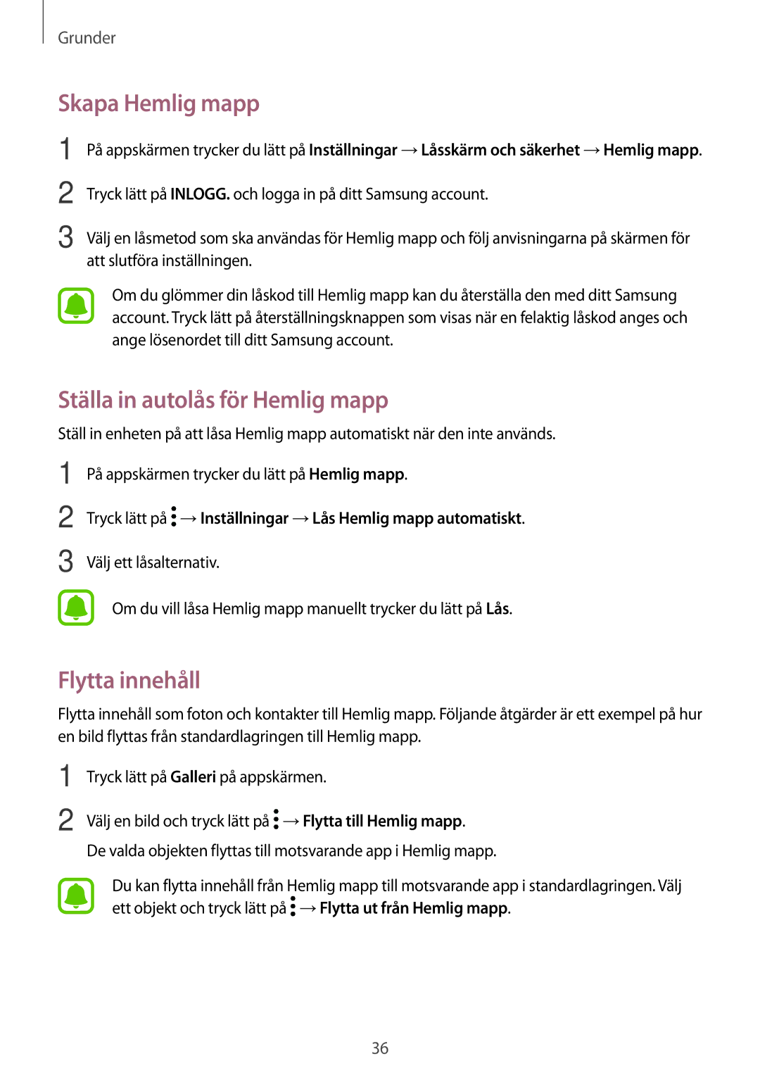 Samsung SM-J330FZDDNEE, SM-J330FZKDNEE manual Skapa Hemlig mapp, Ställa in autolås för Hemlig mapp, Flytta innehåll 