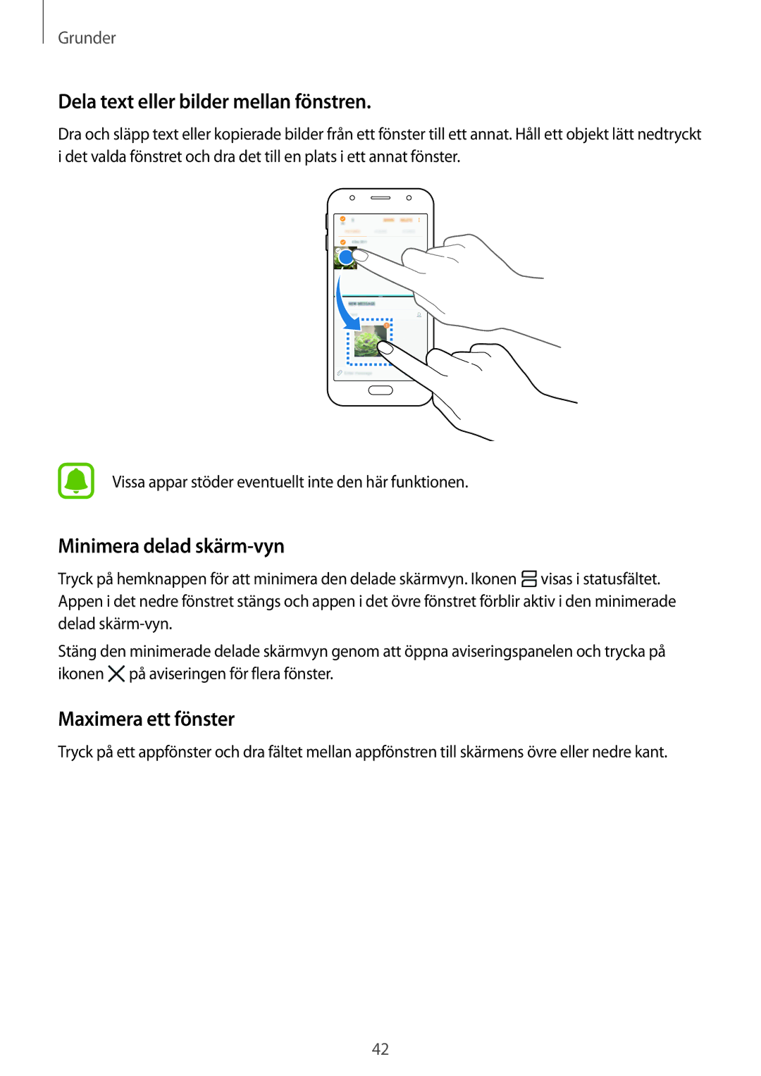 Samsung SM-J330FZDDNEE manual Dela text eller bilder mellan fönstren, Minimera delad skärm-vyn, Maximera ett fönster 