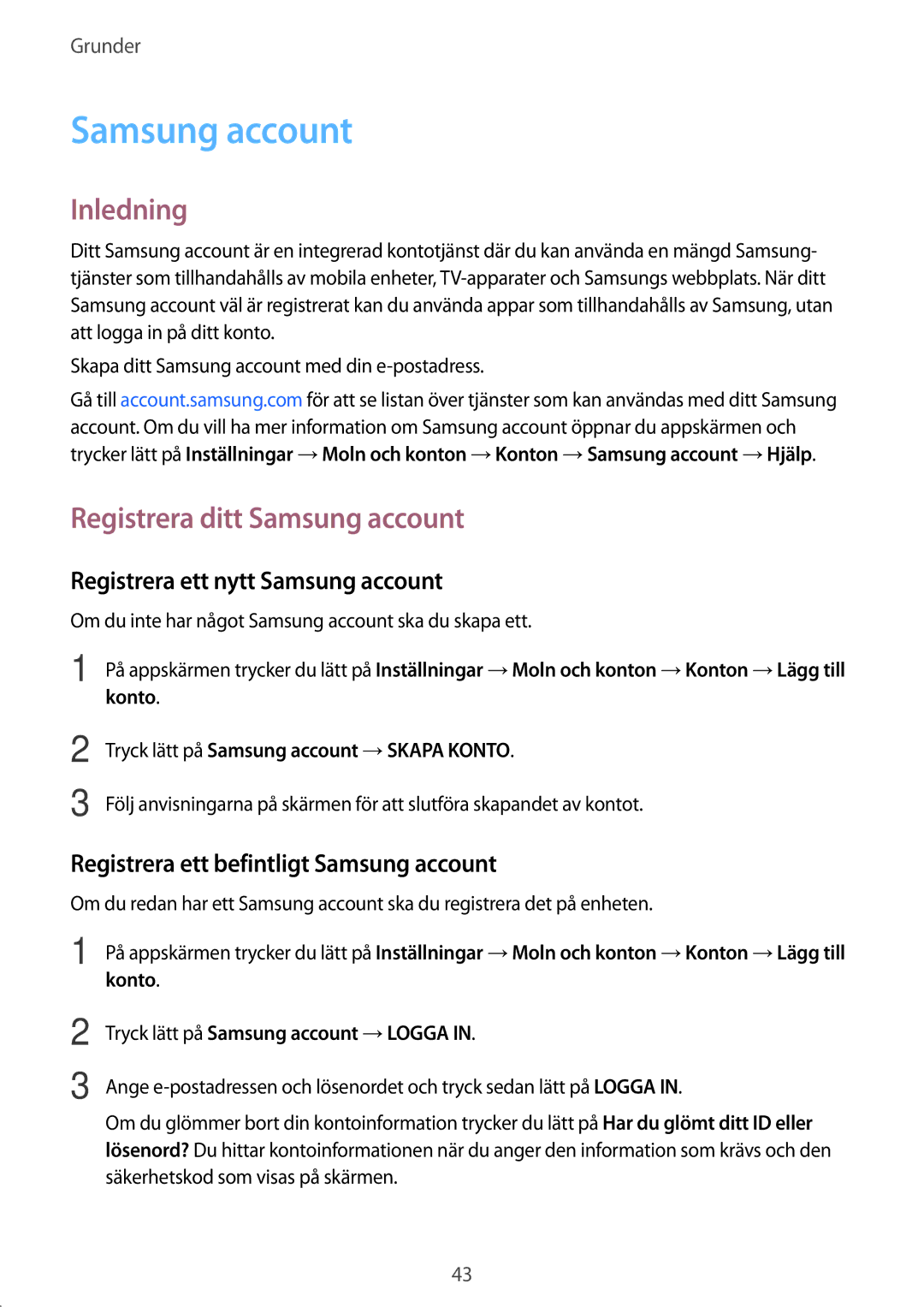 Samsung SM-J330FZKDNEE, SM-J330FZDDNEE manual Registrera ditt Samsung account, Registrera ett nytt Samsung account 