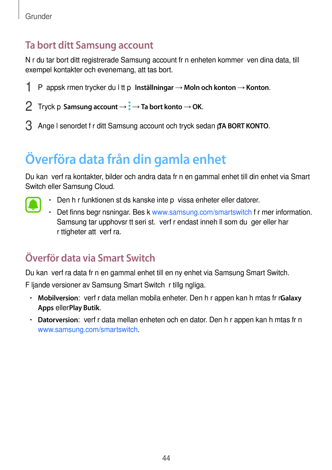 Samsung SM-J330FZSDNEE Överföra data från din gamla enhet, Ta bort ditt Samsung account, Överför data via Smart Switch 