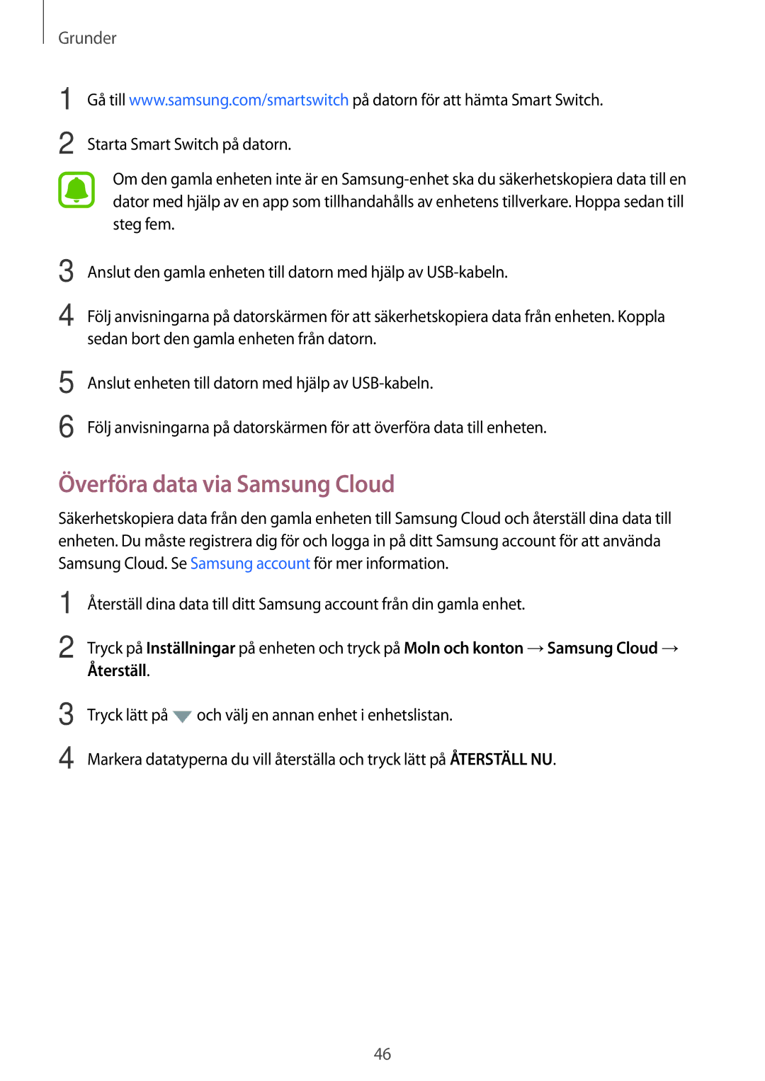 Samsung SM-J330FZKDNEE, SM-J330FZDDNEE, SM-J330FZSDNEE manual Överföra data via Samsung Cloud 