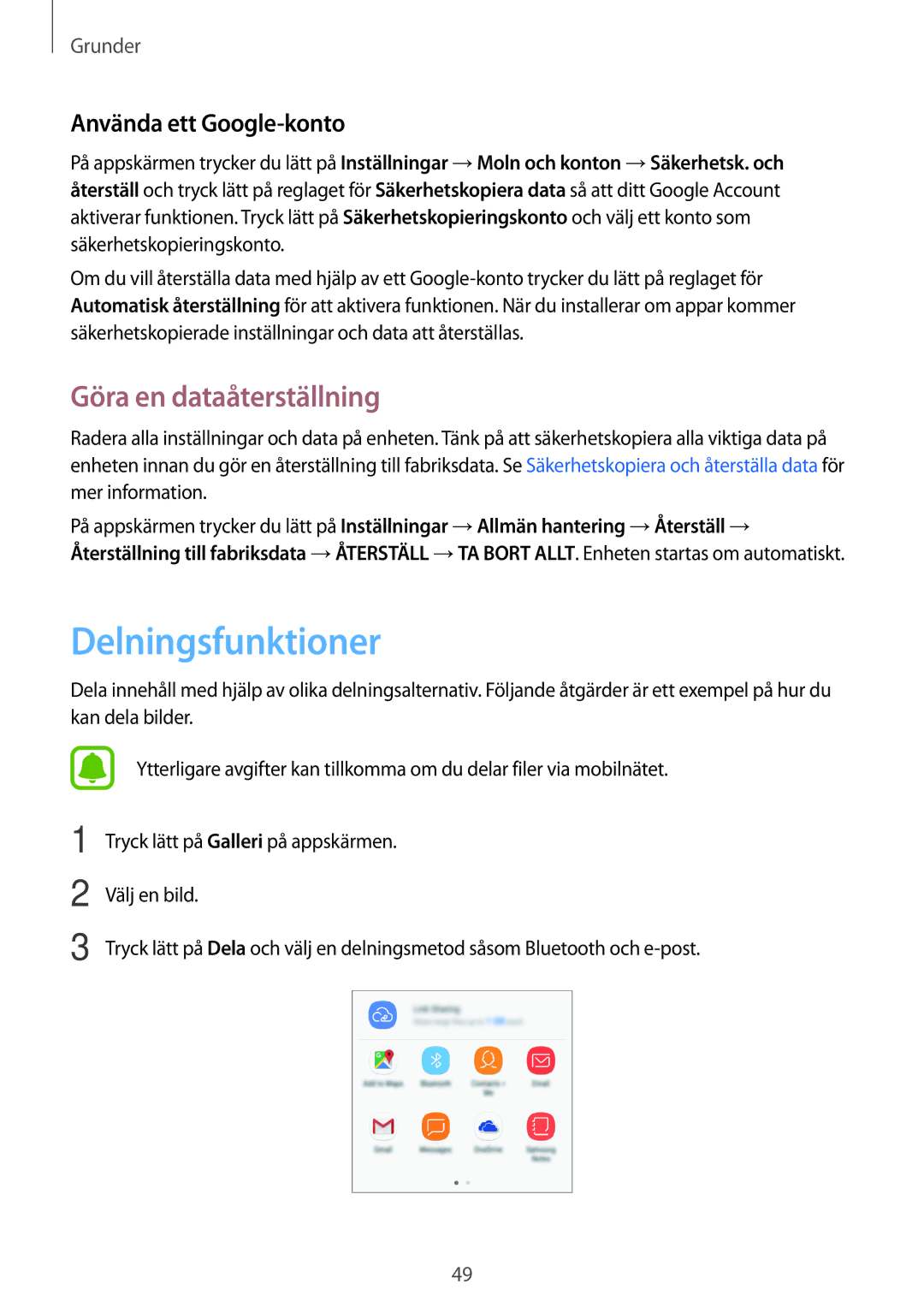 Samsung SM-J330FZKDNEE, SM-J330FZDDNEE manual Delningsfunktioner, Göra en dataåterställning, Använda ett Google-konto 
