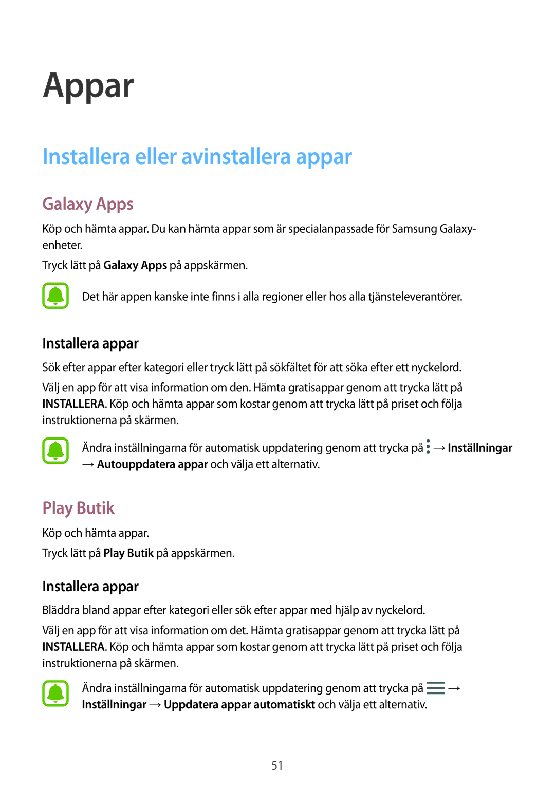 Samsung SM-J330FZDDNEE, SM-J330FZKDNEE manual Installera eller avinstallera appar, Galaxy Apps, Play Butik, Installera appar 