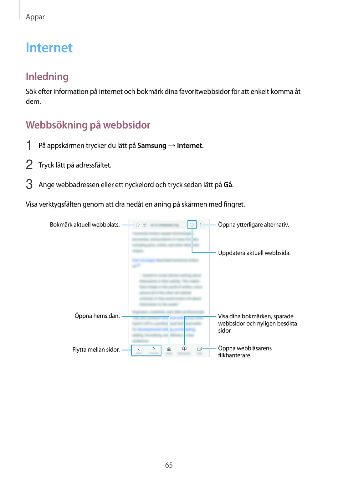 Samsung SM-J330FZSDNEE, SM-J330FZDDNEE, SM-J330FZKDNEE manual Internet, Webbsökning på webbsidor 