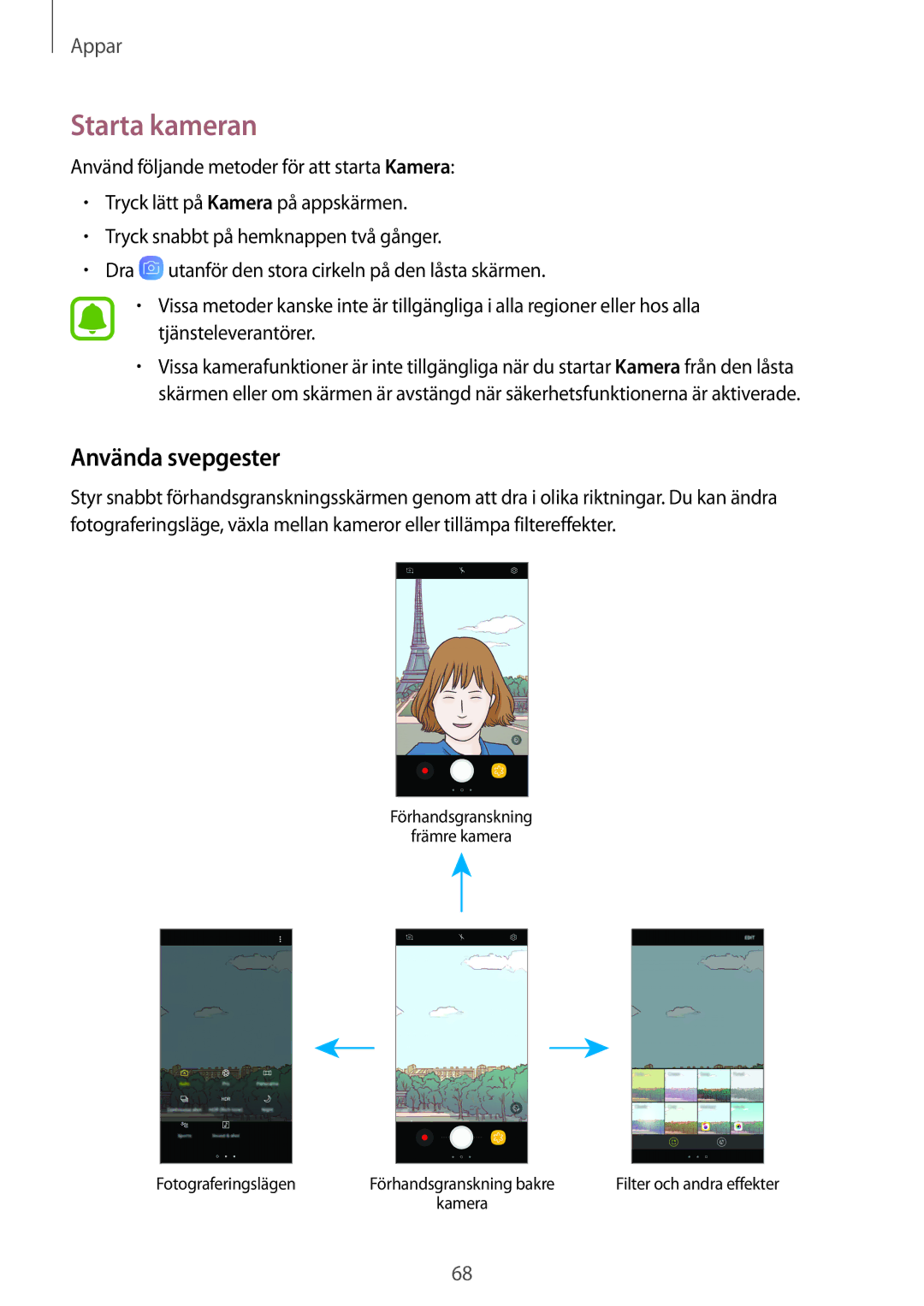 Samsung SM-J330FZSDNEE, SM-J330FZDDNEE, SM-J330FZKDNEE manual Starta kameran, Använda svepgester 