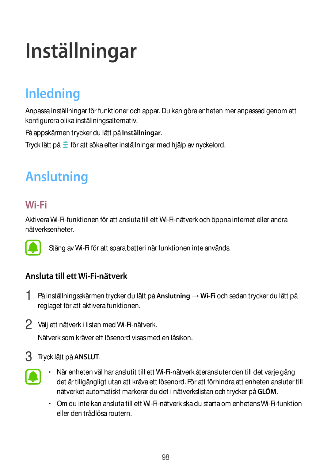 Samsung SM-J330FZSDNEE, SM-J330FZDDNEE, SM-J330FZKDNEE manual Inledning, Anslutning, Ansluta till ett Wi-Fi-nätverk 