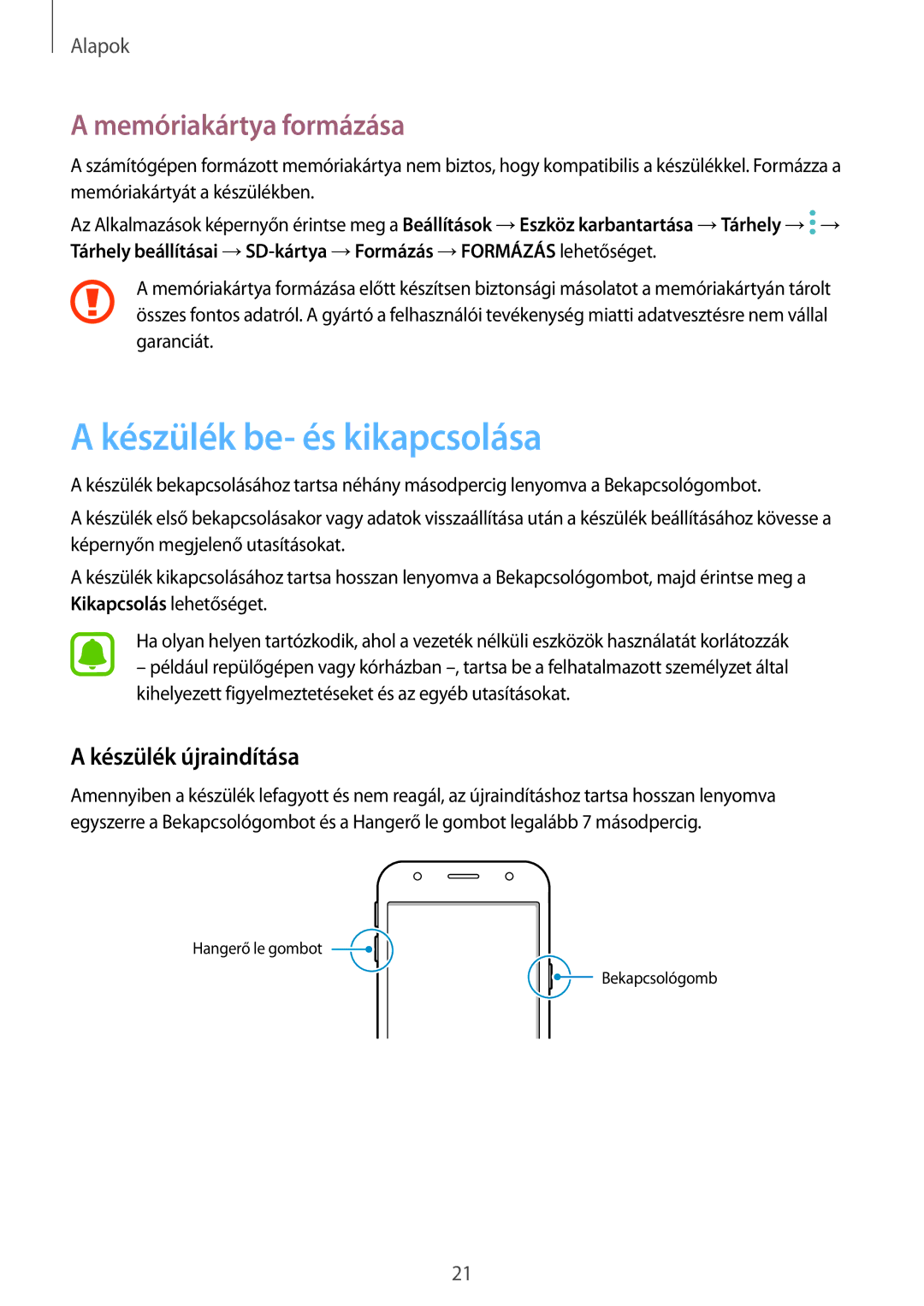 Samsung SM-J330FZSDXEH, SM-J330FZDDXEH manual Készülék be- és kikapcsolása, Memóriakártya formázása, Készülék újraindítása 