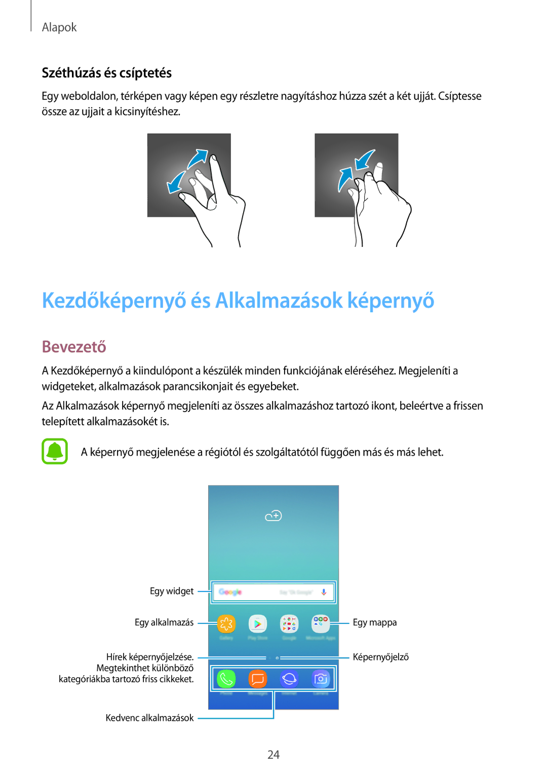 Samsung SM-J330FZDNTMH, SM-J330FZDDXEH manual Kezdőképernyő és Alkalmazások képernyő, Bevezető, Széthúzás és csíptetés 