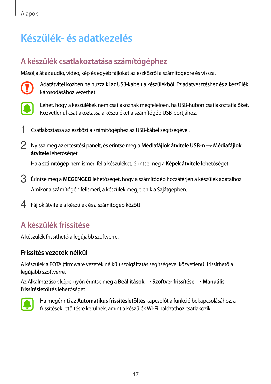 Samsung SM-J330FZKDXEH manual Készülék- és adatkezelés, Készülék csatlakoztatása számítógéphez, Készülék frissítése 