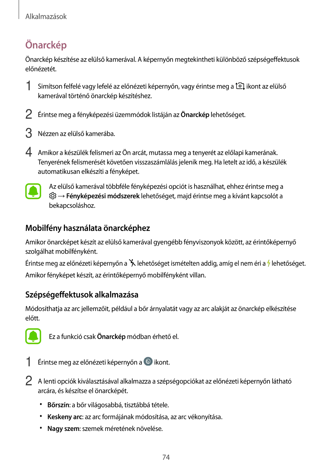 Samsung SM-J330FZDNTMH, SM-J330FZDDXEH manual Önarckép, Mobilfény használata önarcképhez, Szépségeffektusok alkalmazása 