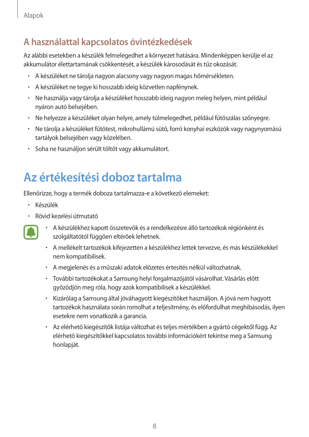 Samsung SM-J330FZKNTMH, SM-J330FZDDXEH manual Az értékesítési doboz tartalma, Használattal kapcsolatos óvintézkedések 