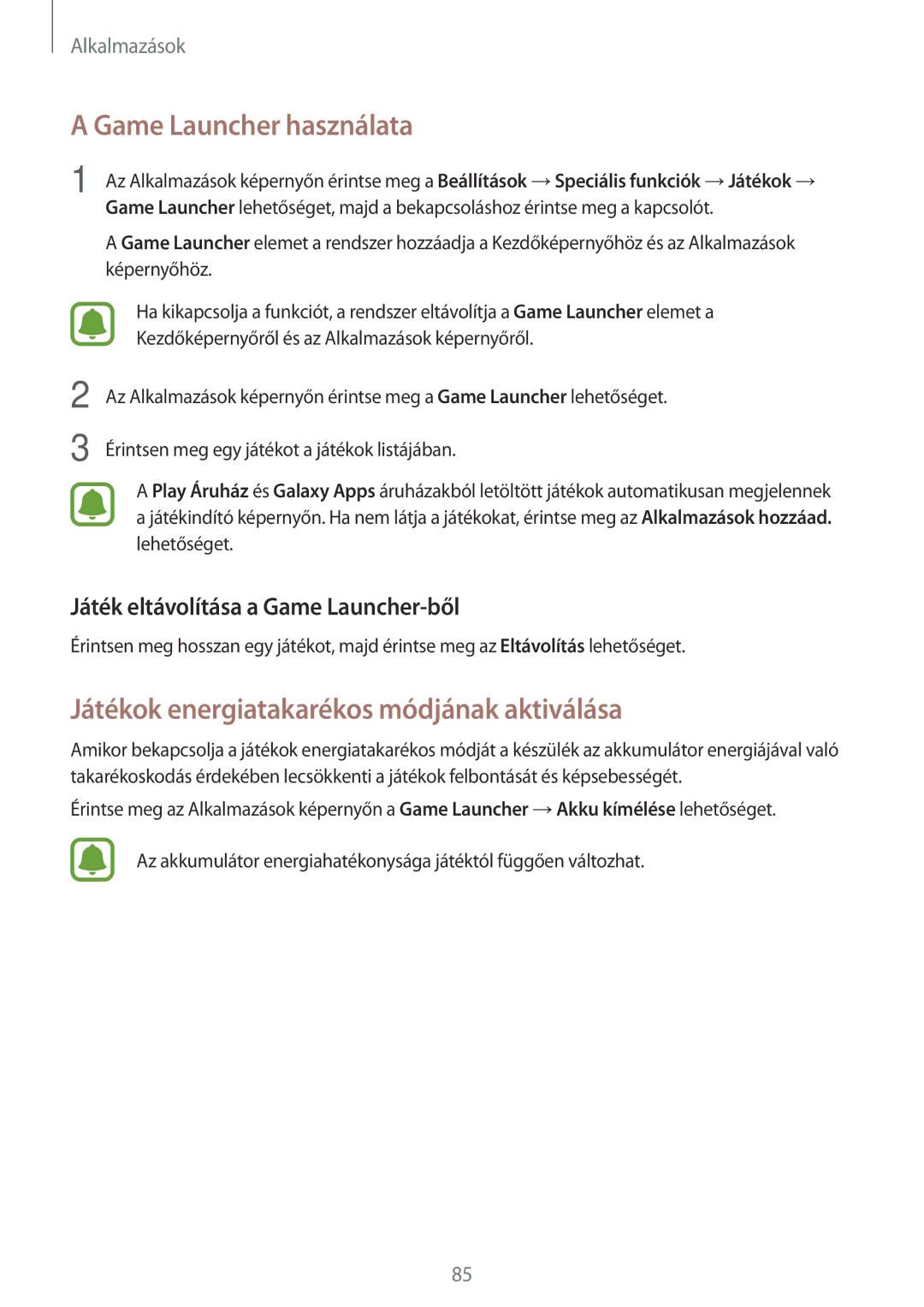 Samsung SM-J330FZDDXEH, SM-J330FZSDXEH manual Game Launcher használata, Játékok energiatakarékos módjának aktiválása 