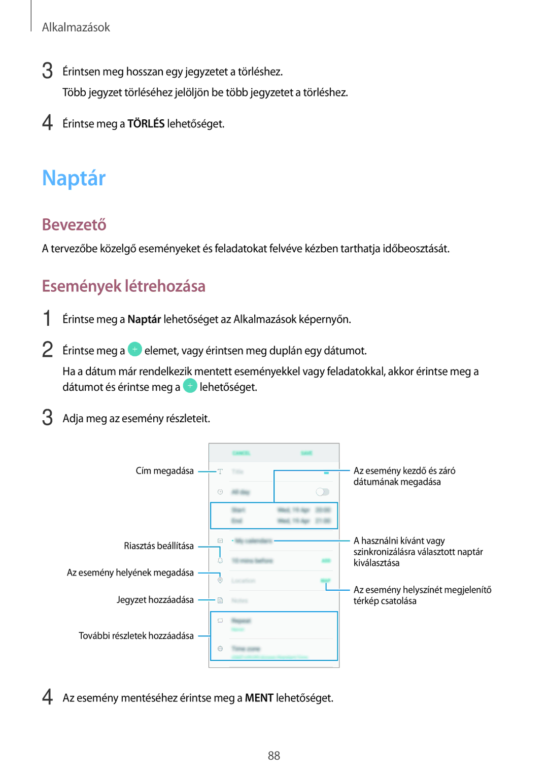 Samsung SM-J330FZKNTMH, SM-J330FZDDXEH, SM-J330FZSDXEH, SM-J330FZKDXEH, SM-J330FZDNTMH manual Naptár, Események létrehozása 