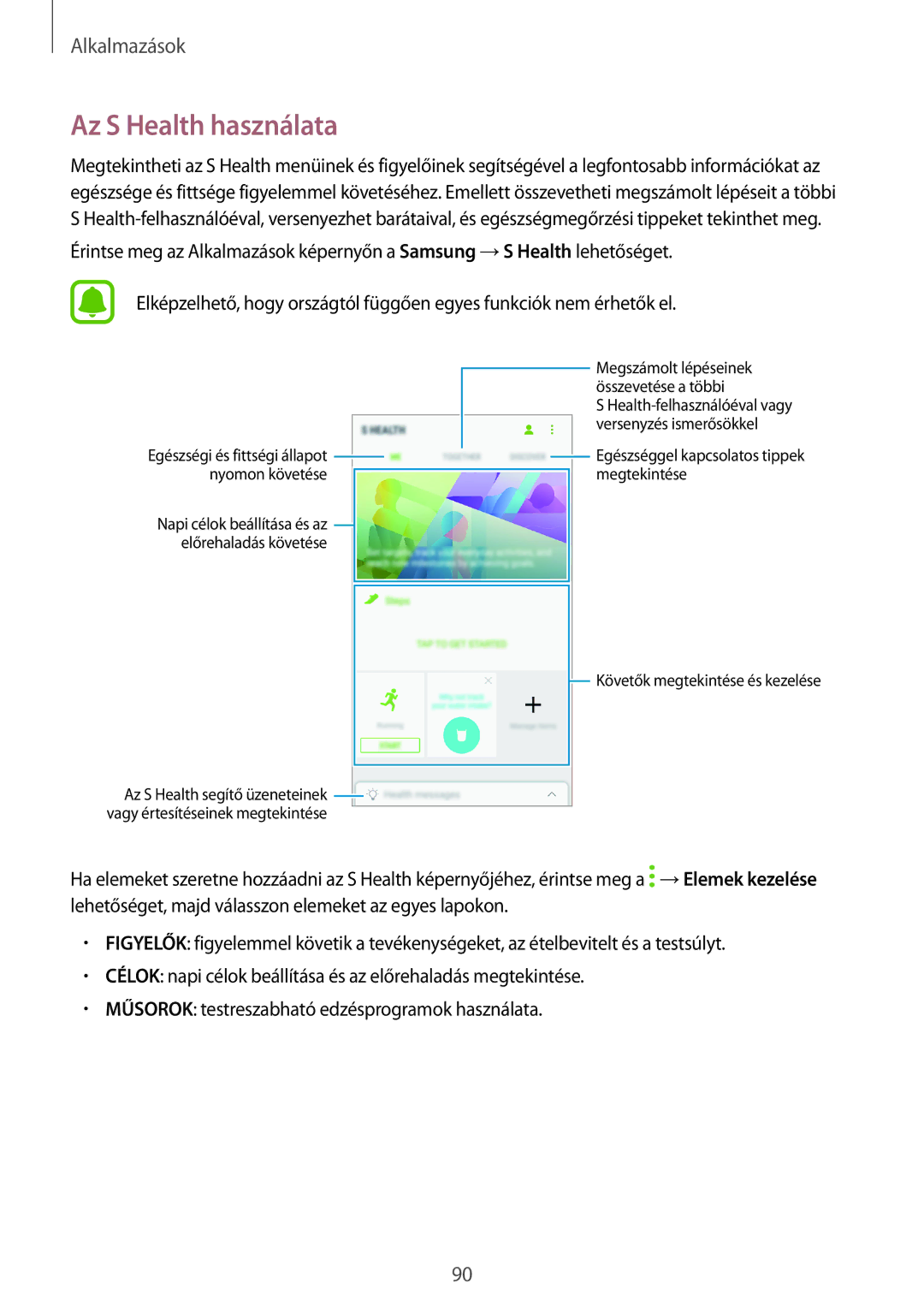 Samsung SM-J330FZDDXEH, SM-J330FZSDXEH, SM-J330FZKDXEH, SM-J330FZKNTMH, SM-J330FZDNTMH manual Az S Health használata 