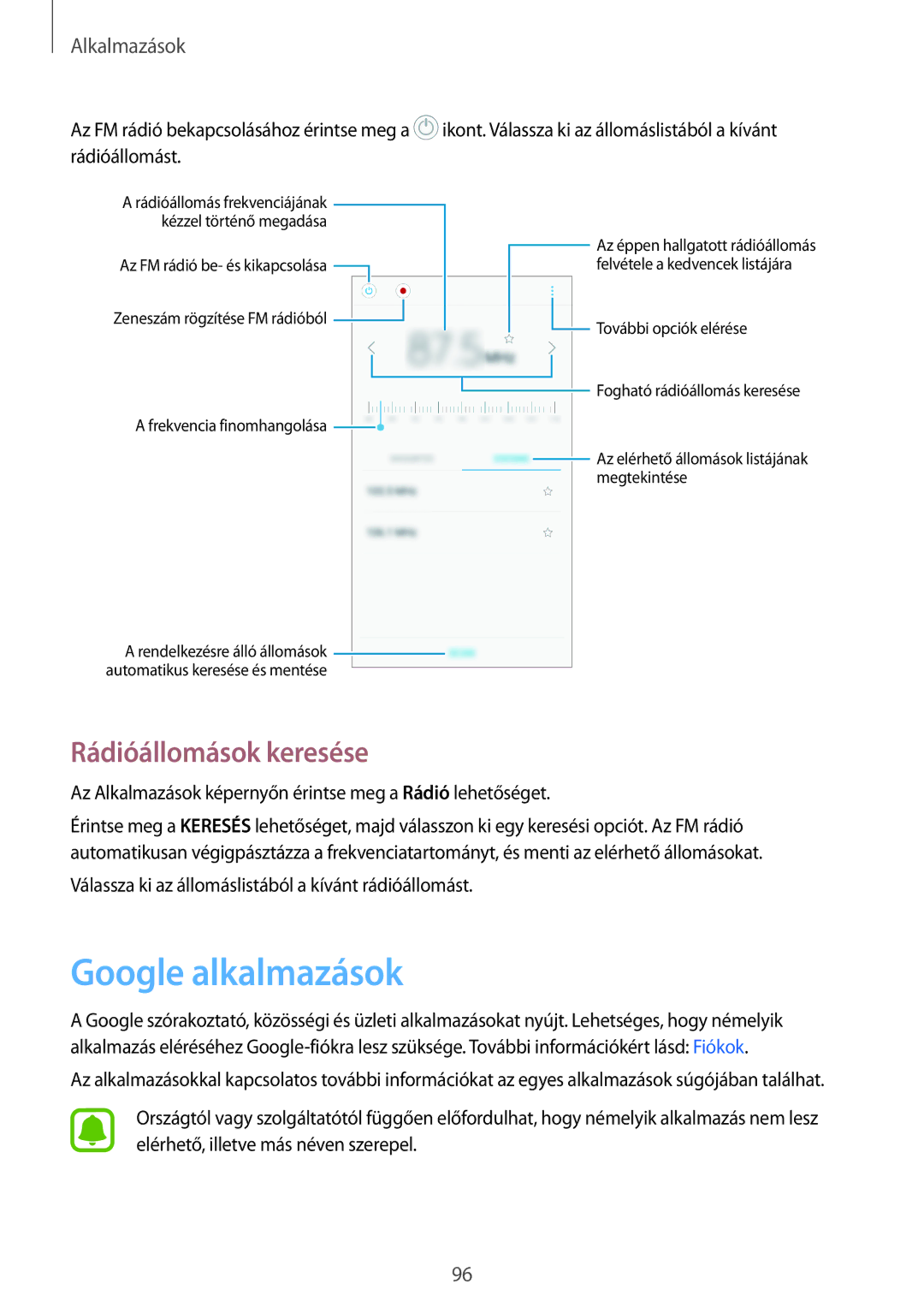 Samsung SM-J330FZSDXEH, SM-J330FZDDXEH, SM-J330FZKDXEH, SM-J330FZKNTMH manual Google alkalmazások, Rádióállomások keresése 