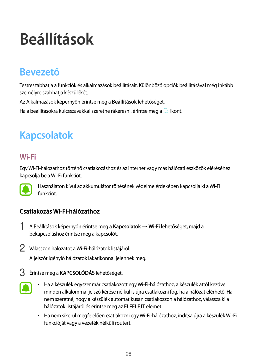 Samsung SM-J330FZKNTMH, SM-J330FZDDXEH, SM-J330FZSDXEH manual Bevezető, Kapcsolatok, Csatlakozás Wi-Fi-hálózathoz 