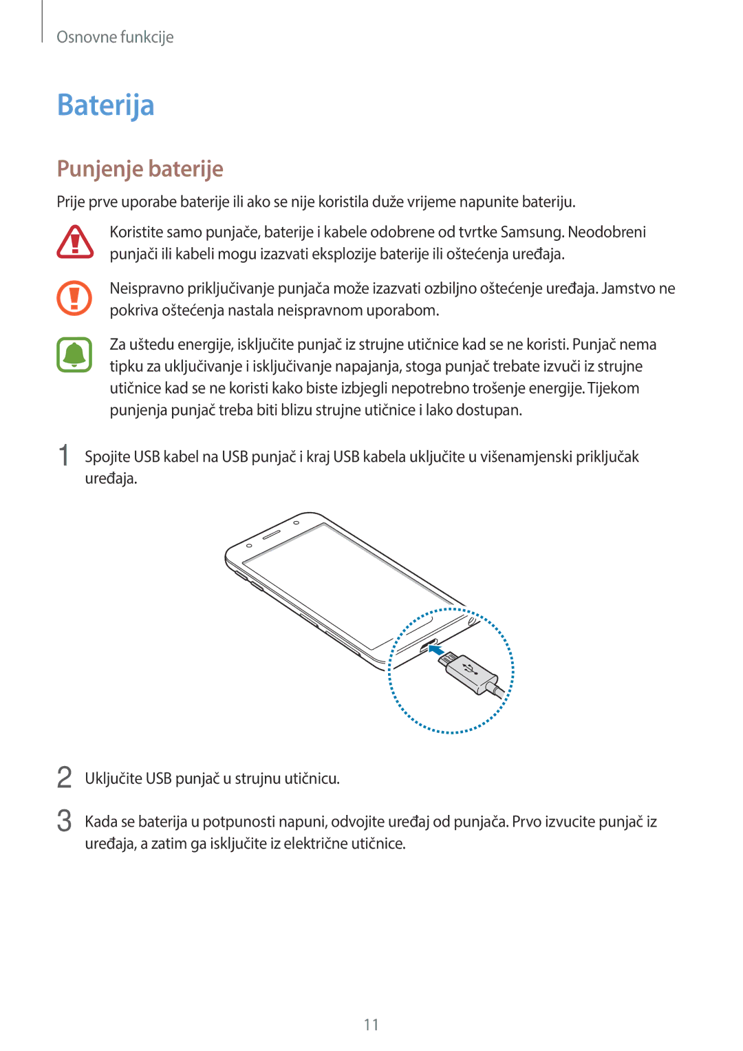 Samsung SM-J330FZSDSEE, SM-J330FZDNSEE, SM-J330FZKNSEE, SM-J330FZDNDHR, SM-J330FZDDSEE manual Baterija, Punjenje baterije 