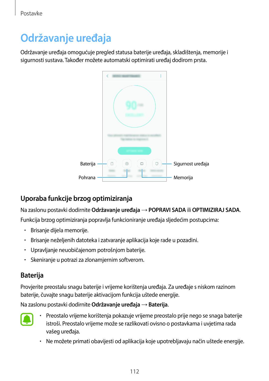 Samsung SM-J330FZDDSEE, SM-J330FZDNSEE, SM-J330FZKNSEE Održavanje uređaja, Uporaba funkcije brzog optimiziranja, Baterija 