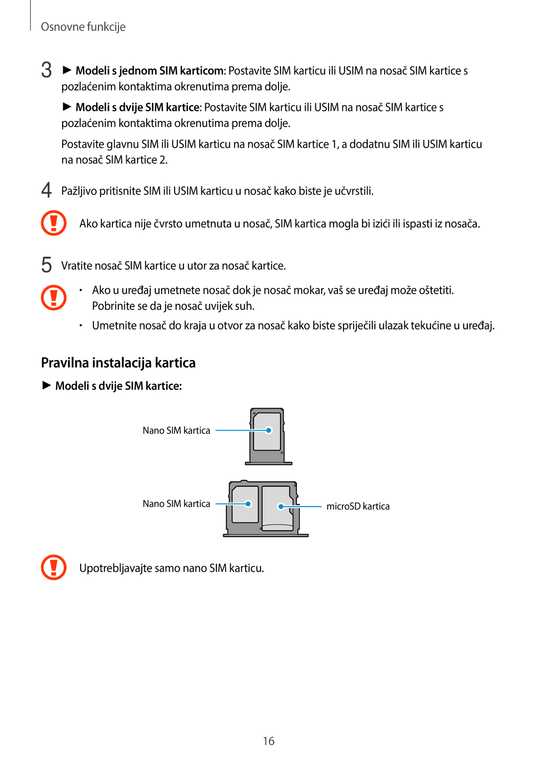 Samsung SM-J330FZKNDHR, SM-J330FZDNSEE, SM-J330FZKNSEE manual Pravilna instalacija kartica, Modeli s dvije SIM kartice 