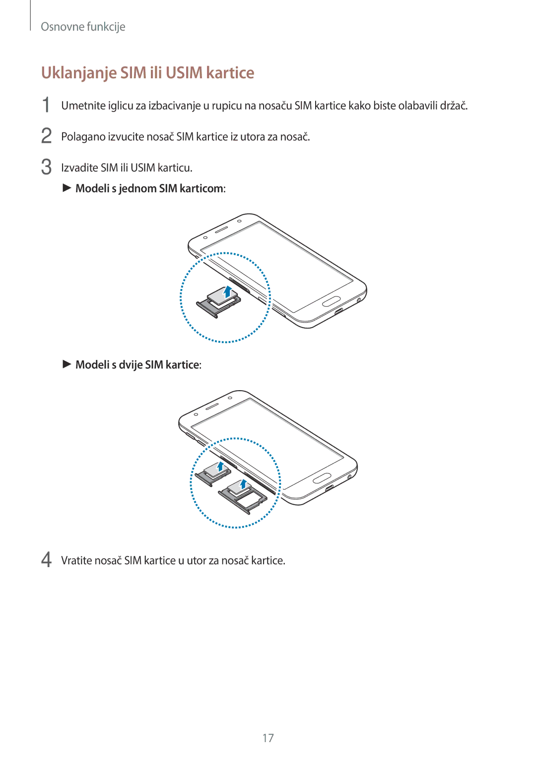 Samsung SM-J330FZKDSEE manual Uklanjanje SIM ili Usim kartice, Modeli s jednom SIM karticom Modeli s dvije SIM kartice 