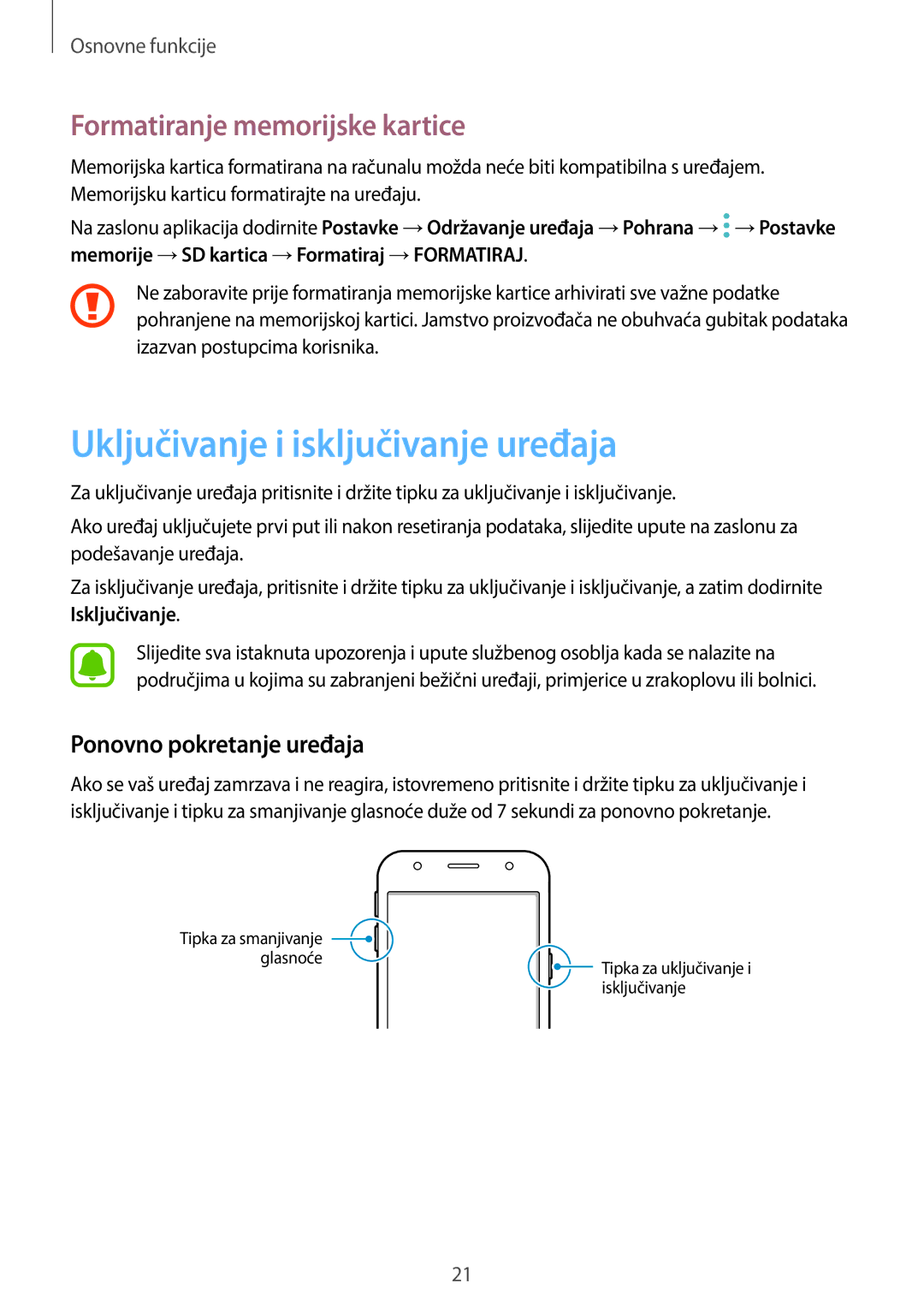 Samsung SM-J330FZDNDHR Uključivanje i isključivanje uređaja, Formatiranje memorijske kartice, Ponovno pokretanje uređaja 