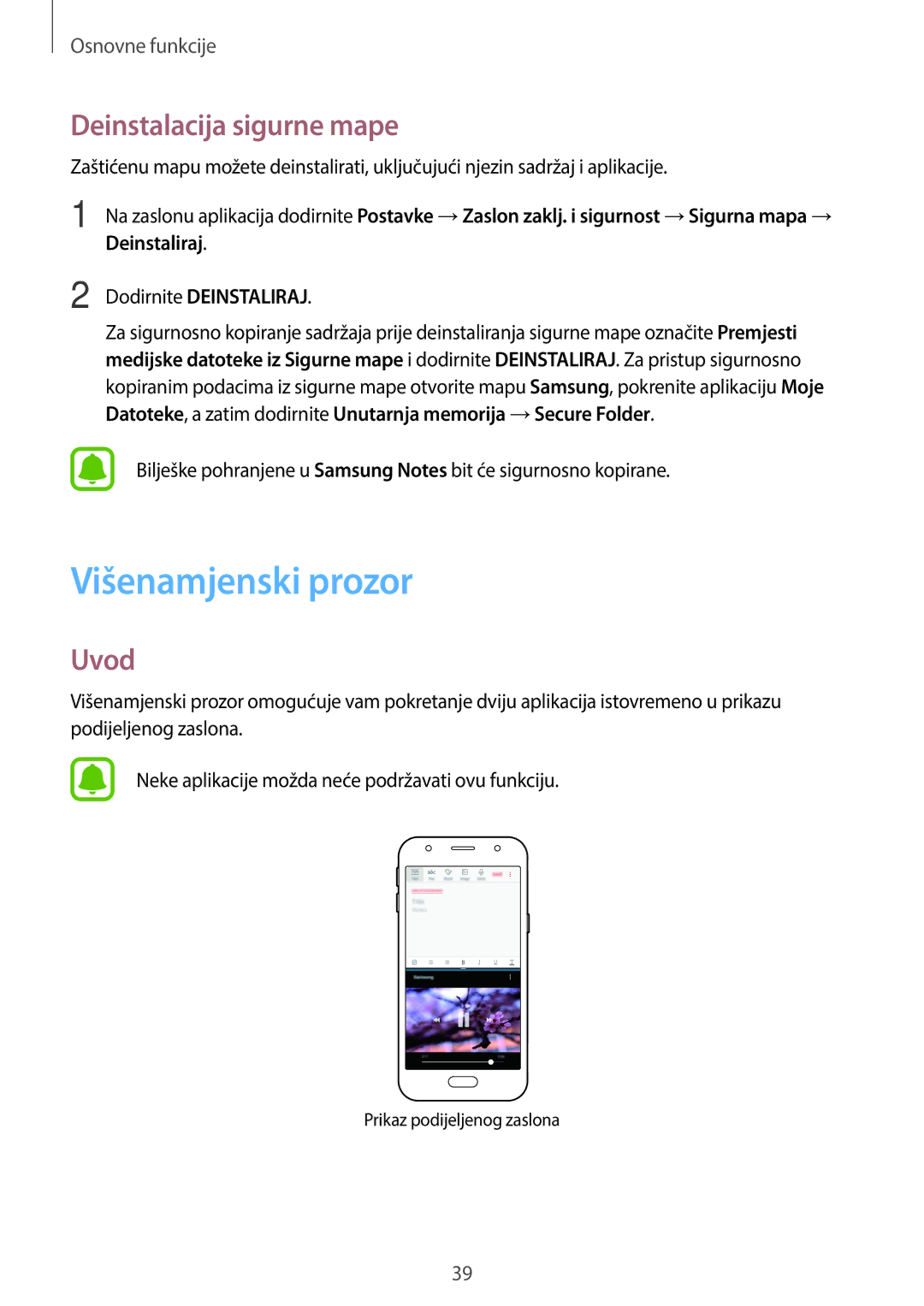 Samsung SM-J330FZDNDHR, SM-J330FZDNSEE manual Višenamjenski prozor, Deinstalacija sigurne mape, Dodirnite Deinstaliraj 