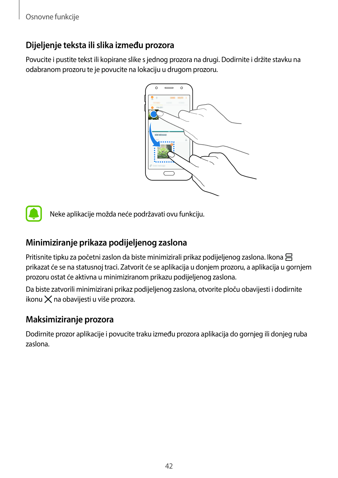 Samsung SM-J330FZSNDHR manual Dijeljenje teksta ili slika između prozora, Minimiziranje prikaza podijeljenog zaslona 