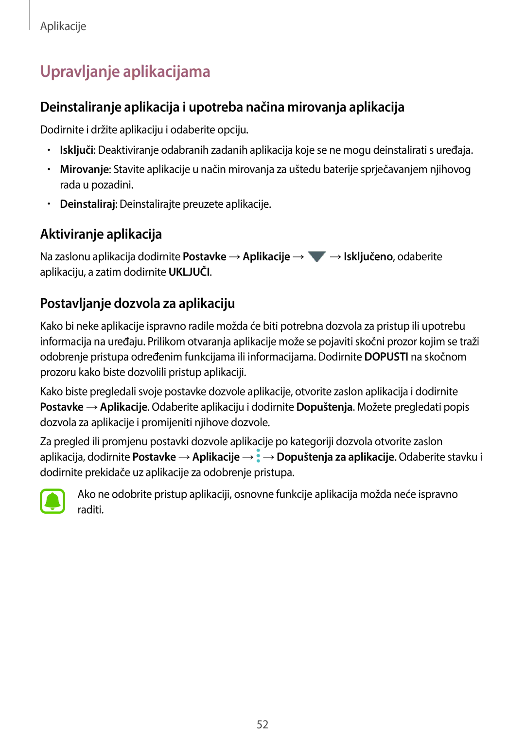 Samsung SM-J330FZKNDHR manual Upravljanje aplikacijama, Aktiviranje aplikacija, Postavljanje dozvola za aplikaciju 