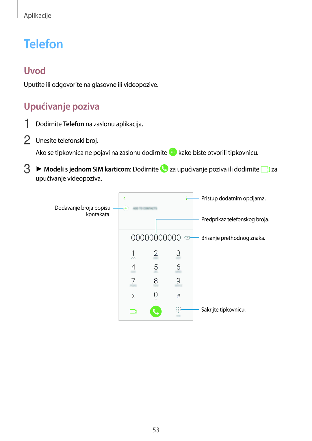 Samsung SM-J330FZKDSEE, SM-J330FZDNSEE, SM-J330FZKNSEE, SM-J330FZSDSEE, SM-J330FZDNDHR manual Telefon, Upućivanje poziva 