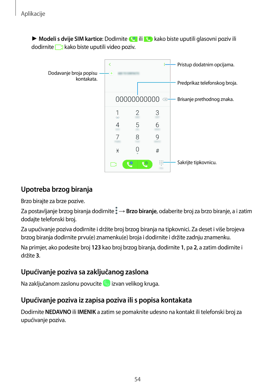 Samsung SM-J330FZDNSEE, SM-J330FZKNSEE, SM-J330FZSDSEE Upotreba brzog biranja, Upućivanje poziva sa zaključanog zaslona 