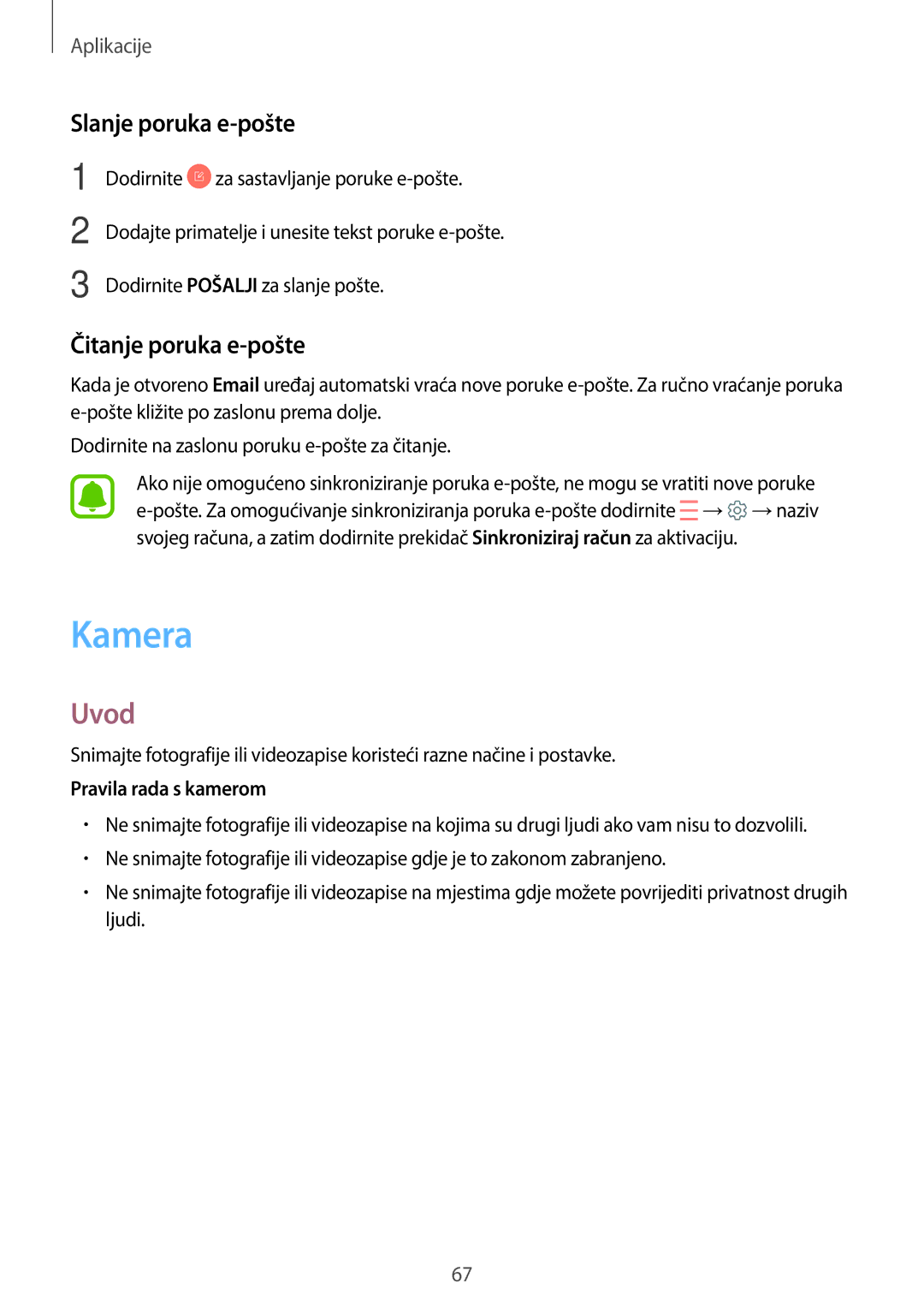 Samsung SM-J330FZDDSEE, SM-J330FZDNSEE manual Kamera, Slanje poruka e-pošte, Čitanje poruka e-pošte, Pravila rada s kamerom 