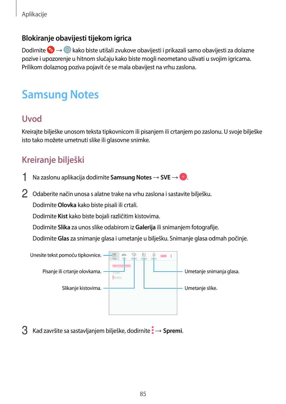 Samsung SM-J330FZDDSEE, SM-J330FZDNSEE manual Samsung Notes, Kreiranje bilješki, Blokiranje obavijesti tijekom igrica 