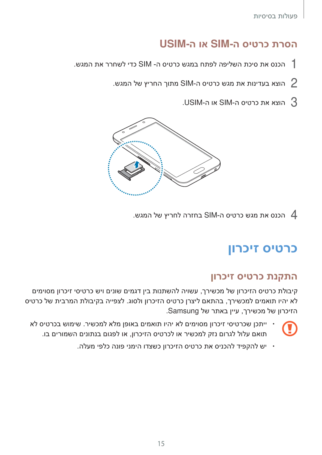 Samsung SM-J330FZKAILO manual Usim-ה וא Sim-ה סיטרכ תרסה, ןורכיז סיטרכ תנקתה 