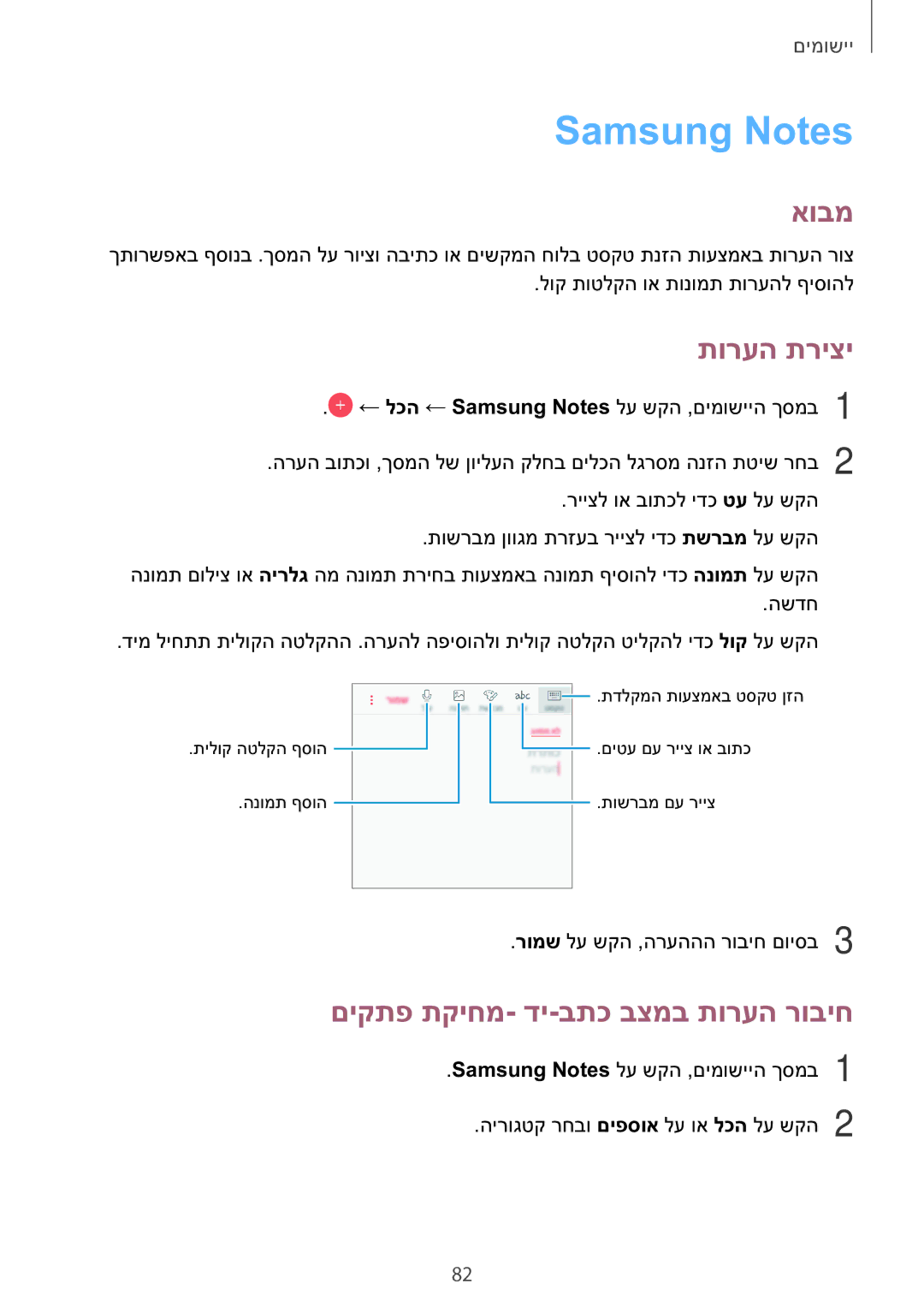 Samsung SM-J330FZKAILO manual Samsung Notes, תורעה תריצי, םיקתפ תקיחמ- די-בתכ בצמב תורעה רוביח 