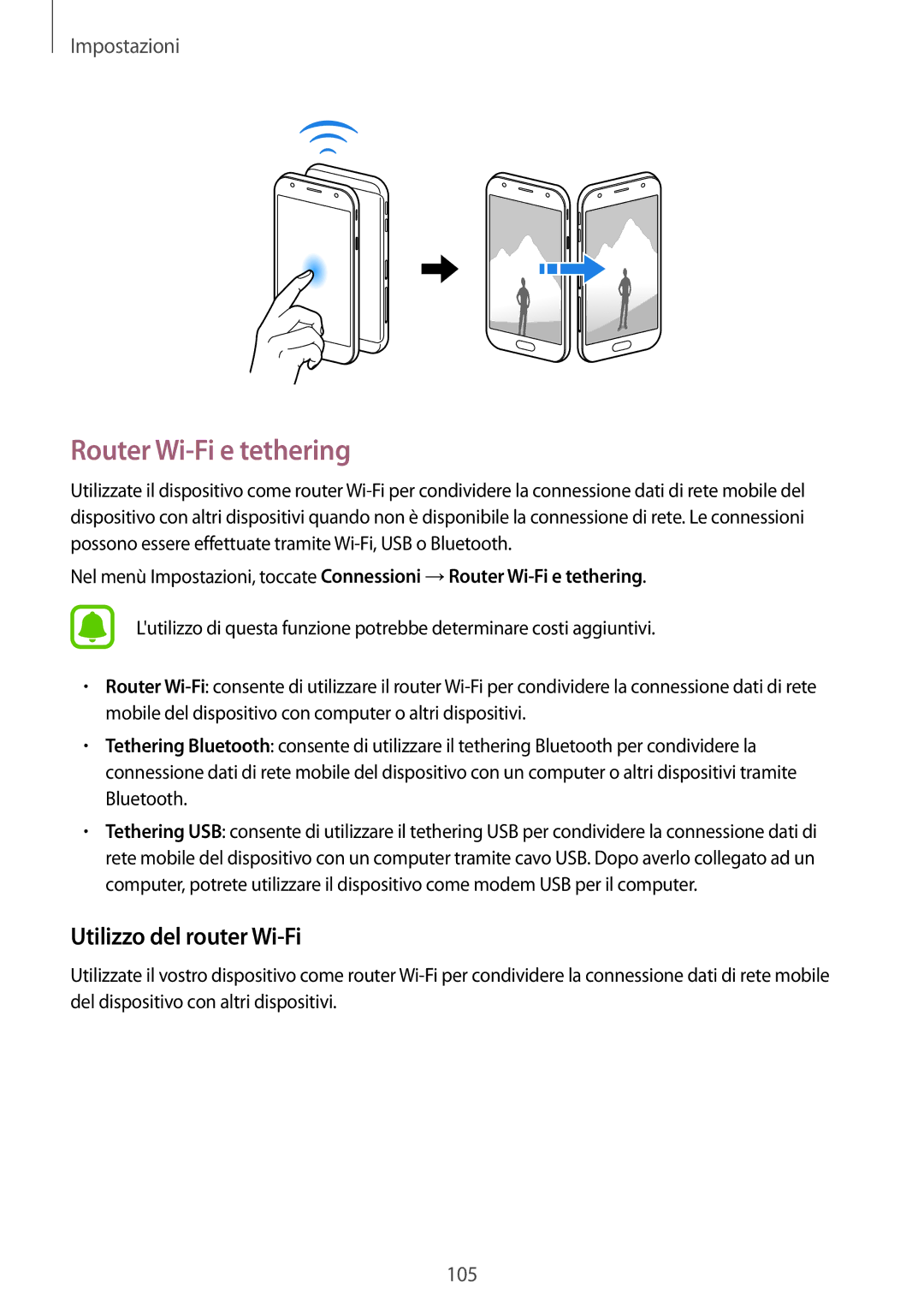 Samsung SM-J330FZSDITV, SM-J330FZKDITV, SM-J330FZSNITV, SM-J330FZDDITV Router Wi-Fi e tethering, Utilizzo del router Wi-Fi 