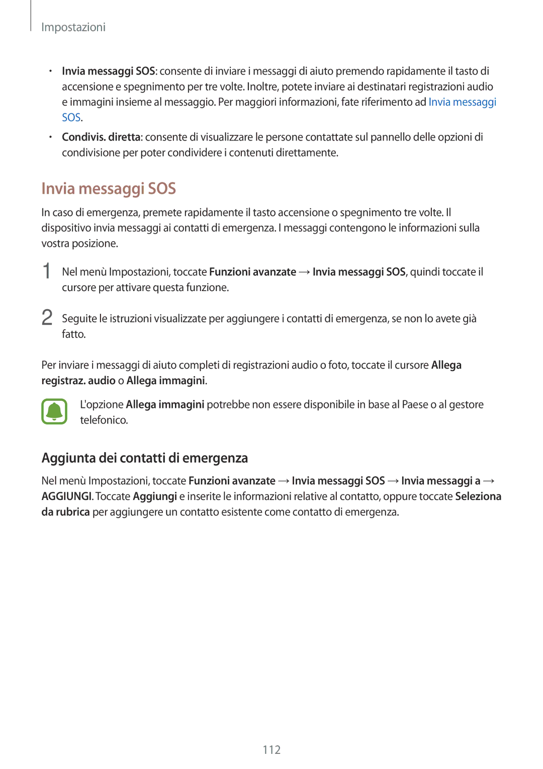 Samsung SM-J330FZKNITV, SM-J330FZKDITV, SM-J330FZSNITV manual Invia messaggi SOS, Aggiunta dei contatti di emergenza 