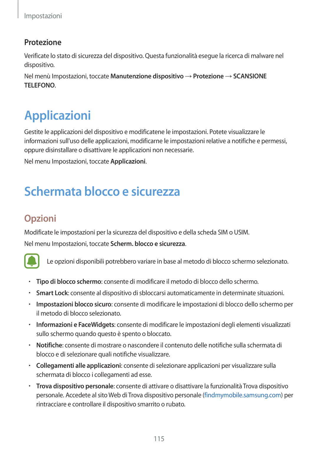 Samsung SM-J330FZSNITV, SM-J330FZKDITV, SM-J330FZDDITV manual Applicazioni, Schermata blocco e sicurezza, Protezione 