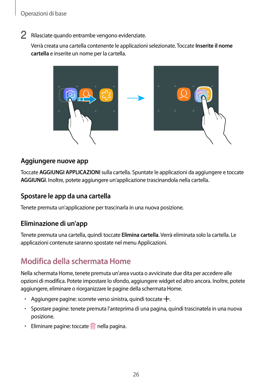 Samsung SM-J330FZDDITV manual Modifica della schermata Home, Aggiungere nuove app, Spostare le app da una cartella 