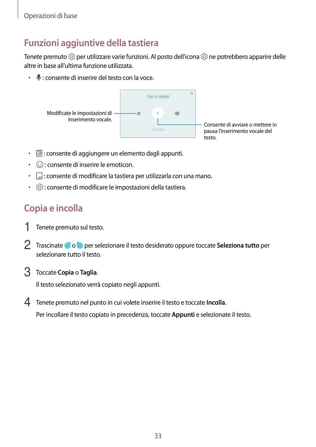 Samsung SM-J330FZSDITV, SM-J330FZKDITV manual Funzioni aggiuntive della tastiera, Copia e incolla, Toccate Copia o Taglia 