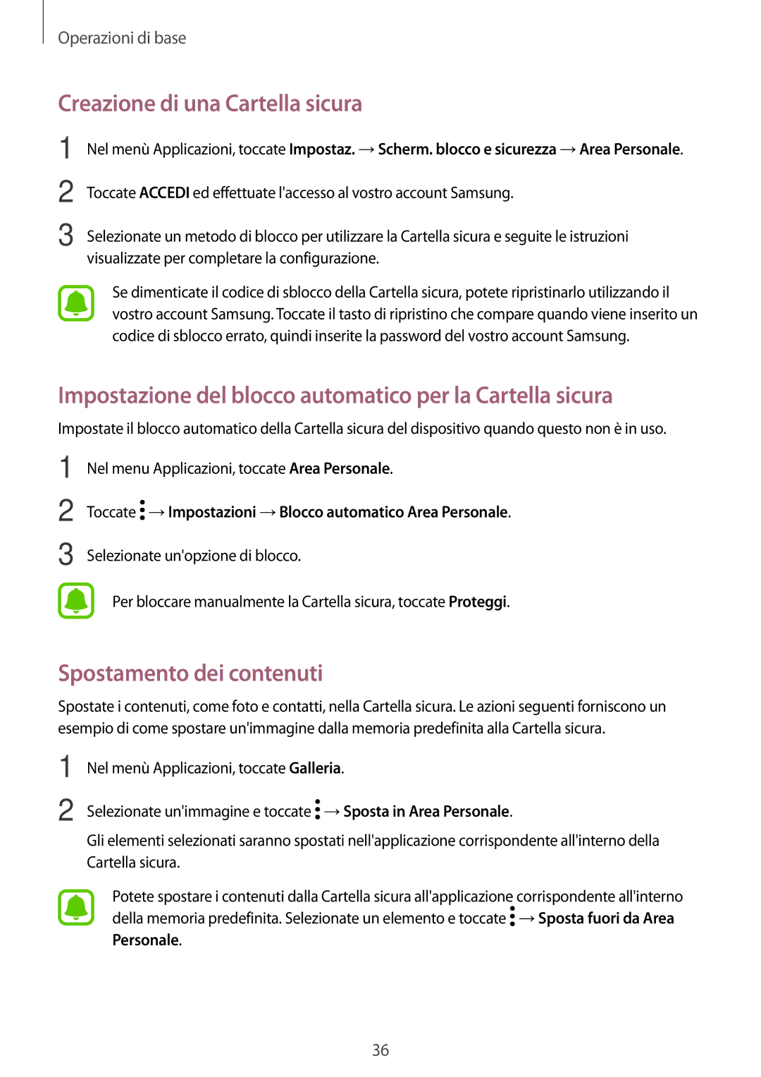 Samsung SM-J330FZKDITV manual Creazione di una Cartella sicura, Impostazione del blocco automatico per la Cartella sicura 