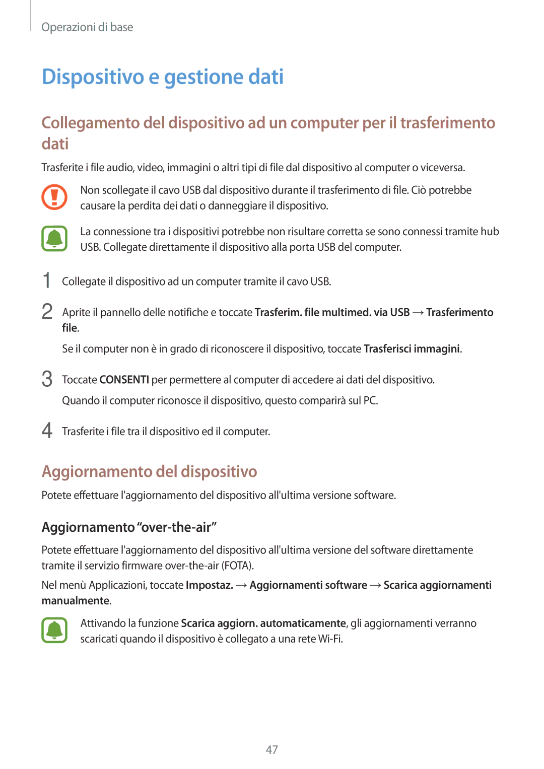 Samsung SM-J330FZDNITV manual Dispositivo e gestione dati, Aggiornamento del dispositivo, Aggiornamentoover-the-air 